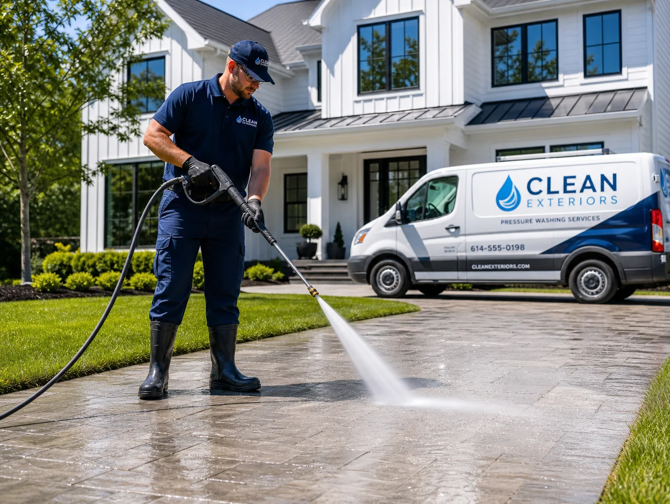 Diamond Heights Property Services work truck and technician with pressure washing equipment on site
